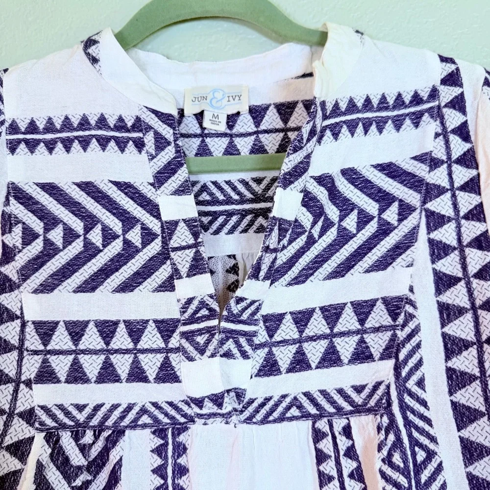 Jun & Ivy Cotton Mediterranean Blue White Notch V Neck Ruffle Hem Bohemian Top M - Picture 4 of 9